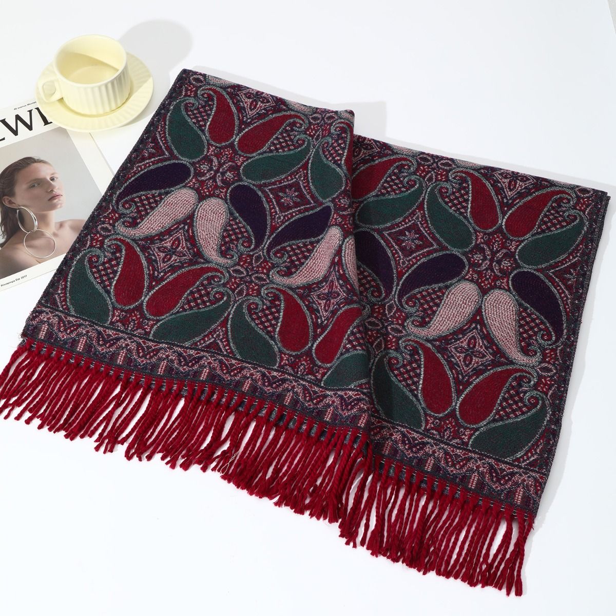 Paisley Teardrops with Tassels Wool Scarf in Wine