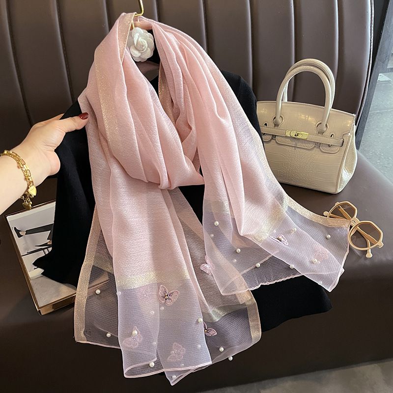 Silk Scarf with Embroidered Butterflies & Pearls in Pink. Graceful and Timeless, it makes a perfect Gift for any occasion.