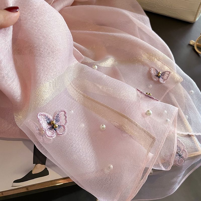 Silk Scarf with Embroidered Butterflies & Pearls in Pink. Graceful and Timeless, it makes a perfect Gift for any occasion.