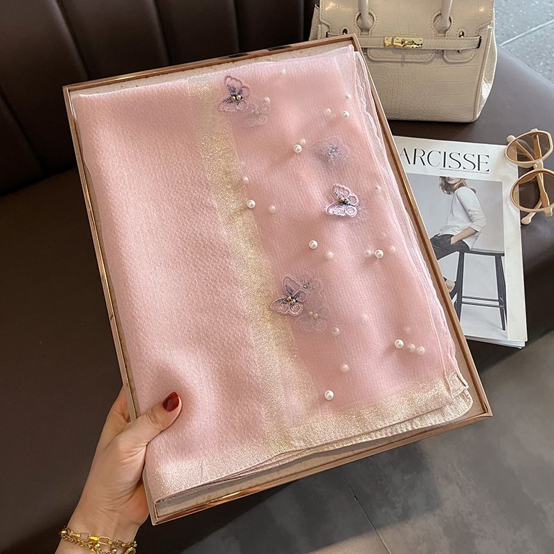 Silk Scarf with Embroidered Butterflies & Pearls in Pink. Graceful and Timeless, it makes a perfect Gift for any occasion.