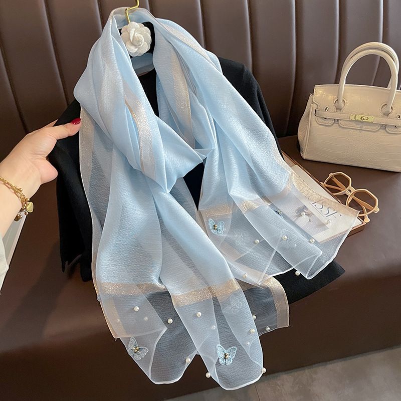 Silk Scarf with Embroidered Butterflies & Pearls in Blue. Graceful and Timeless, it makes a perfect Gift for any occasion.