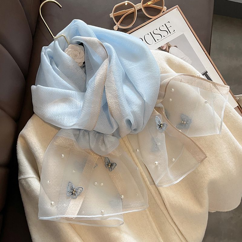 Silk Scarf with Embroidered Butterflies & Pearls in Blue. Graceful and Timeless, it makes a perfect Gift for any occasion.