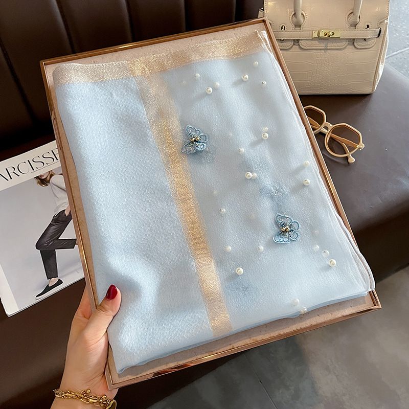 Silk Scarf with Embroidered Butterflies & Pearls in Blue. Graceful and Timeless, it makes a perfect Gift for any occasion.