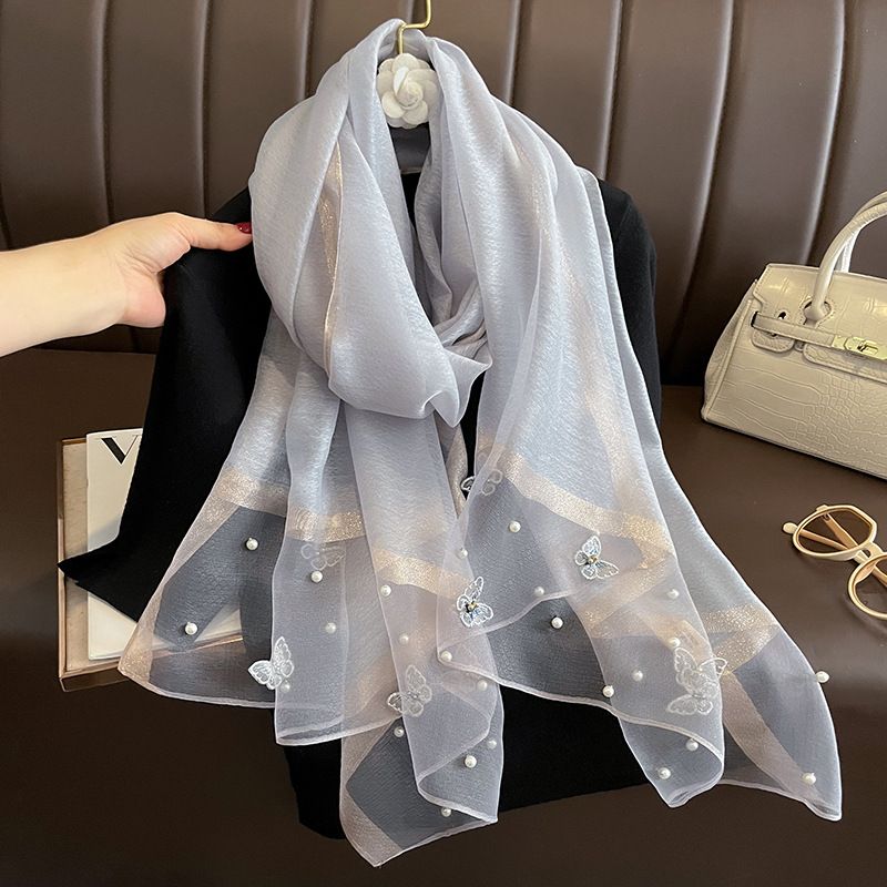 Silk Scarf with Embroidered Butterflies & Pearls in Grey. Graceful and Timeless, it makes a perfect Gift for any occasion.