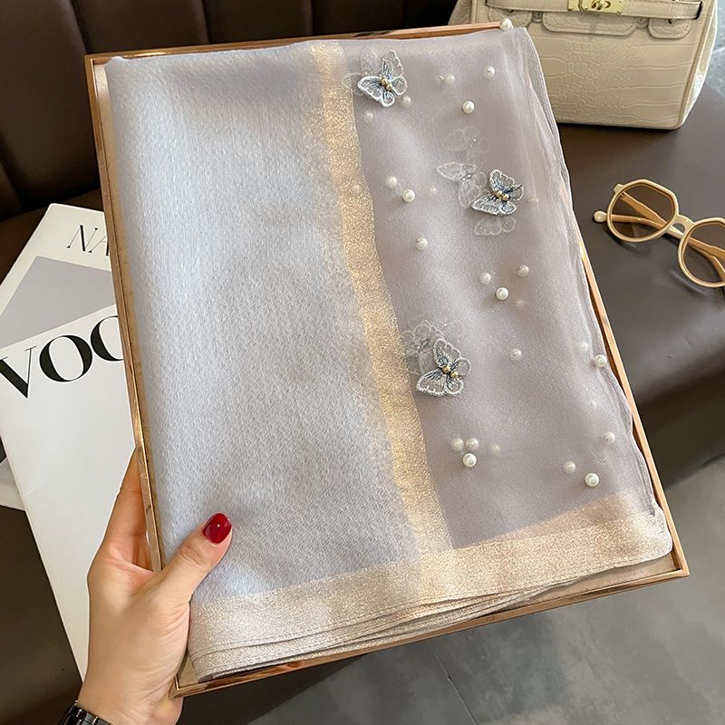 Silk Scarf with Embroidered Butterflies & Pearls in Grey. Graceful and Timeless, it makes a perfect Gift for any occasion.