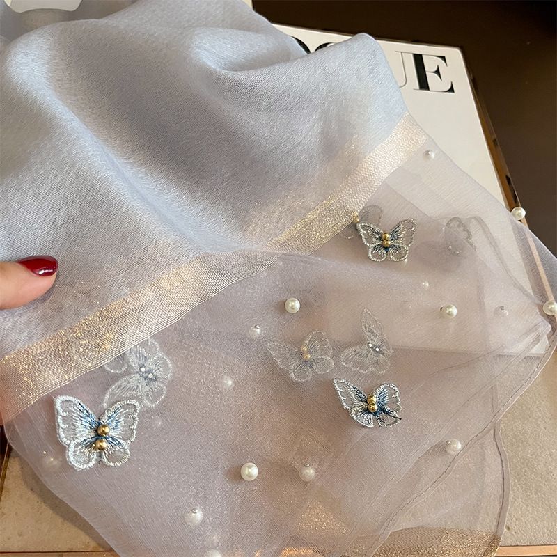 Silk Scarf with Embroidered Butterflies & Pearls in Grey. Graceful and Timeless, it makes a perfect Gift for any occasion.