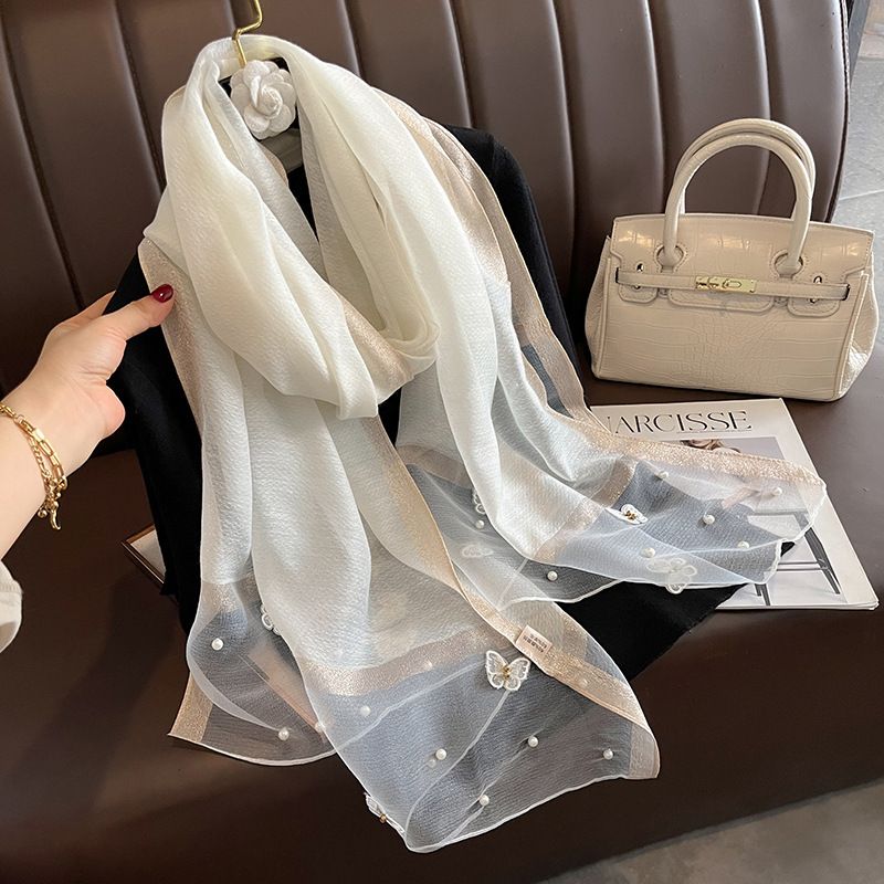 Silk Scarf with Embroidered Butterflies & Pearls in Cream. Graceful and Timeless, it makes a perfect Gift for any occasion.