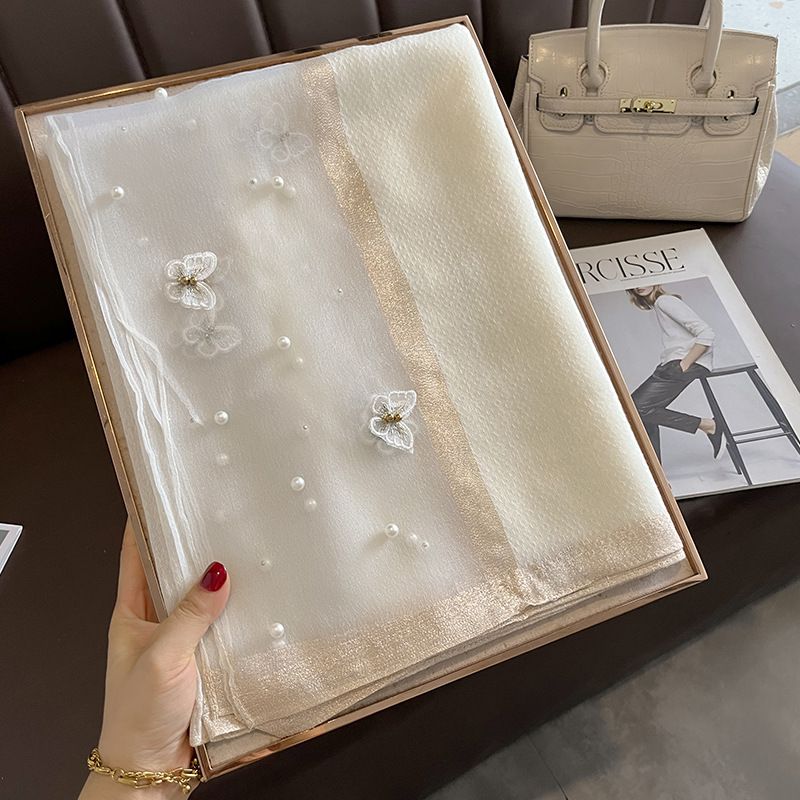 Silk Scarf with Embroidered Butterflies & Pearls in Cream. Graceful and Timeless, it makes a perfect Gift for any occasion.