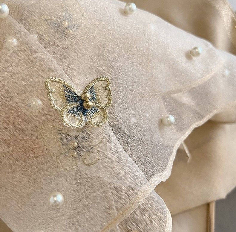 Silk Scarf with Embroidered Butterflies & Pearls in Cream. Graceful and Timeless, it makes a perfect Gift for any occasion.