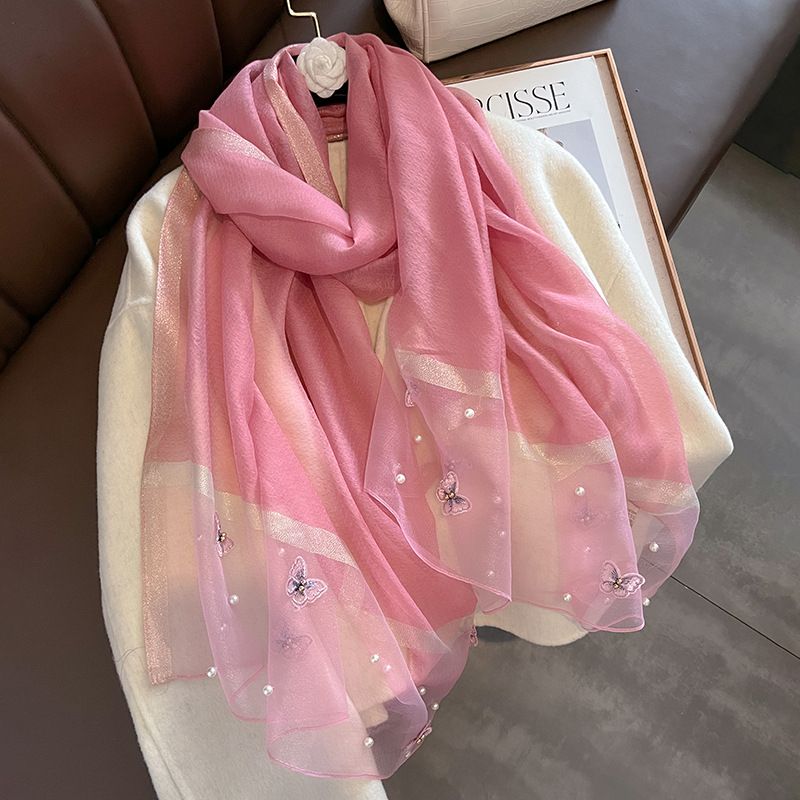 Silk Scarf with Embroidered Butterflies & Pearls in Rose. Graceful and Timeless, it makes a perfect Gift for any occasion.