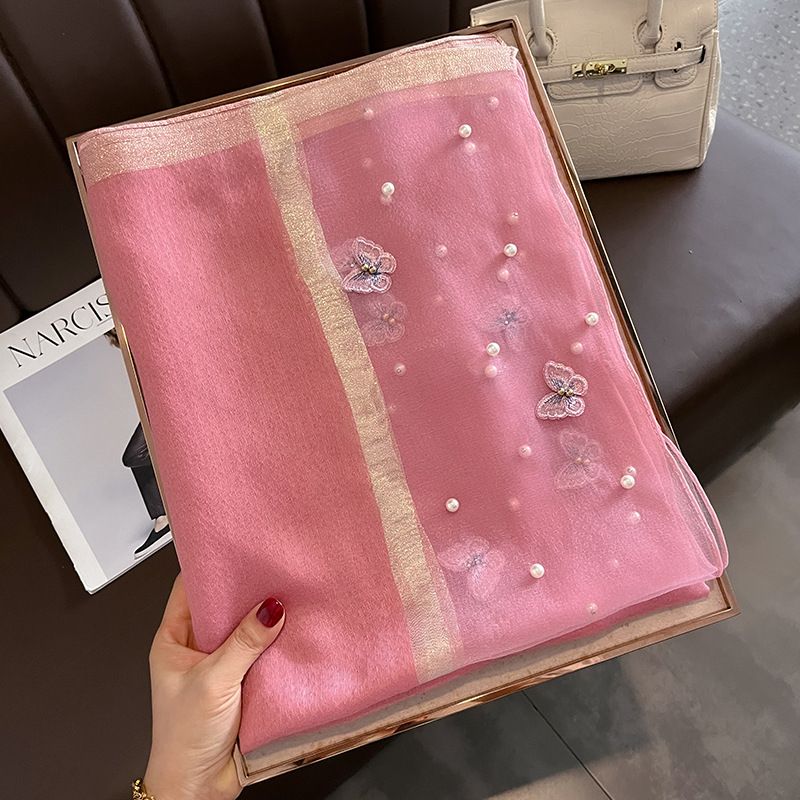 Silk Scarf with Embroidered Butterflies & Pearls in Rose. Graceful and Timeless, it makes a perfect Gift for any occasion.