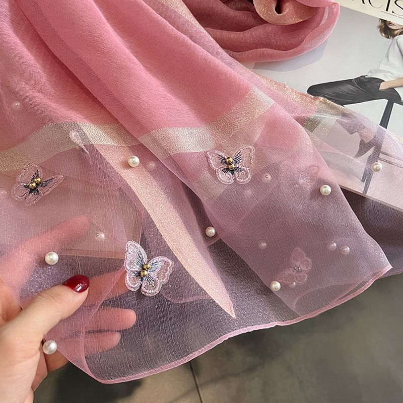 Silk Scarf with Embroidered Butterflies & Pearls in Rose. Graceful and Timeless, it makes a perfect Gift for any occasion.