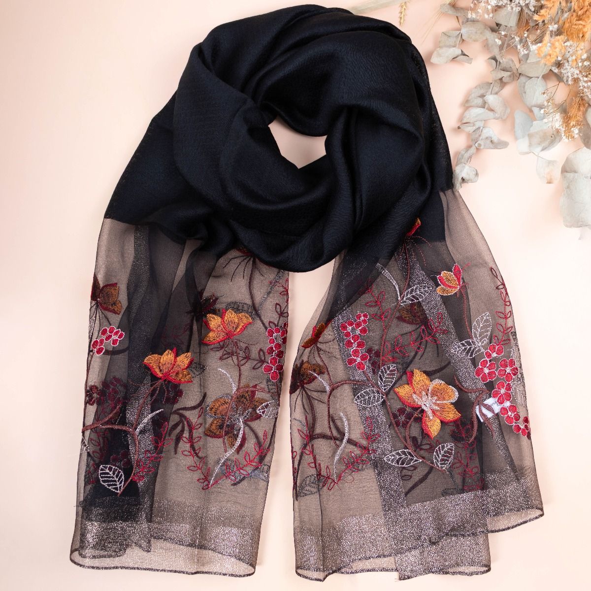 Silk Scarf with Embroidered Flowers in Black. Graceful & Timeless makes a perfect Gift for any occasion.
