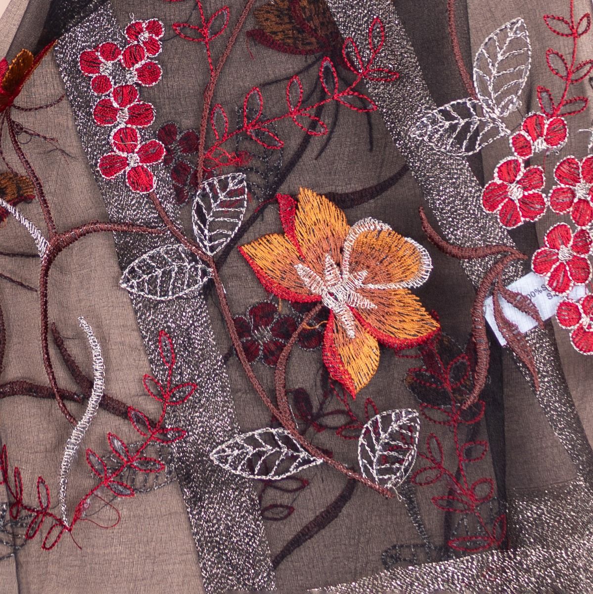 Silk Scarf with Embroidered Flowers in Black. Graceful & Timeless makes a perfect Gift for any occasion.
