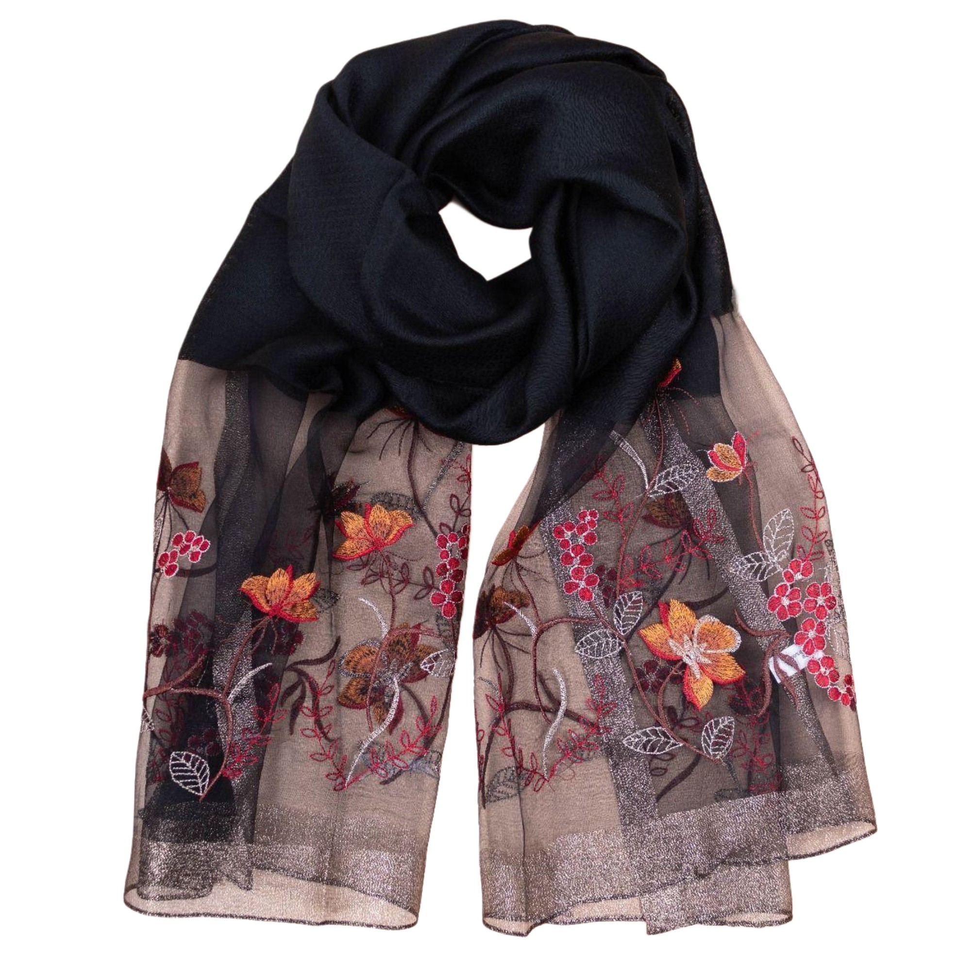 Silk Scarf with Embroidered Flowers in Black. Graceful & Timeless makes a perfect Gift for any occasion.