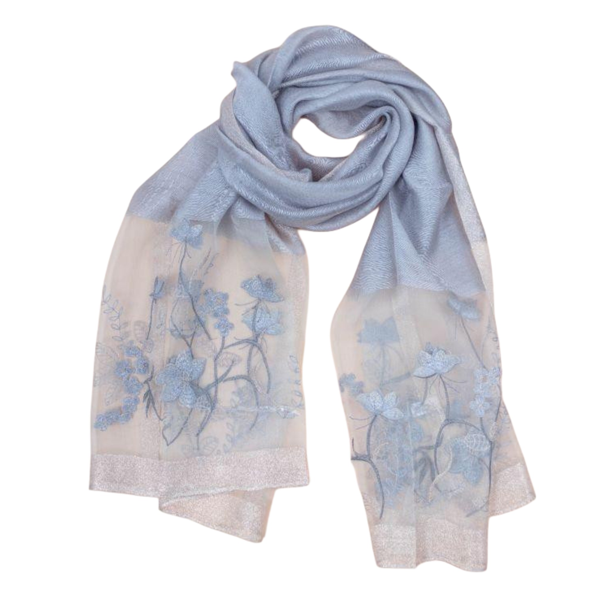 Silk Scarf with Embroidered Flowers in Blue. Graceful & Timeless makes a perfect Gift for any occasion.