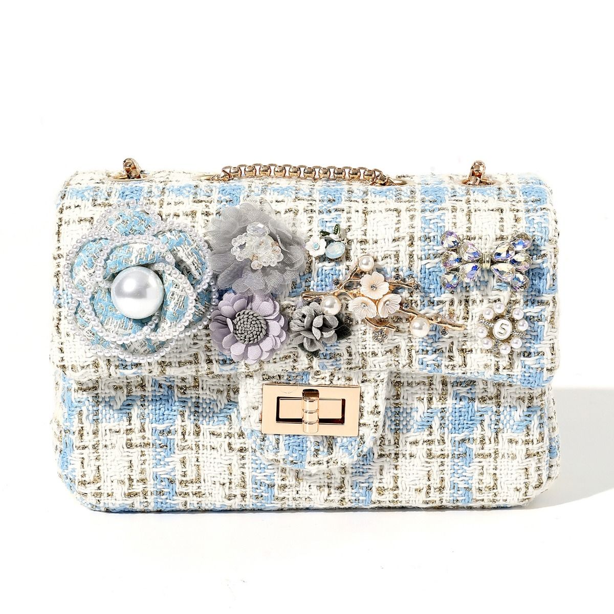 Designer Tweed Bag with Pearl and Flowers Accents in Blue & White