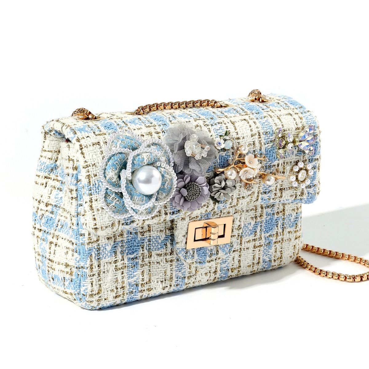 Designer Tweed Bag with Pearl and Flowers Accents in Blue & White 