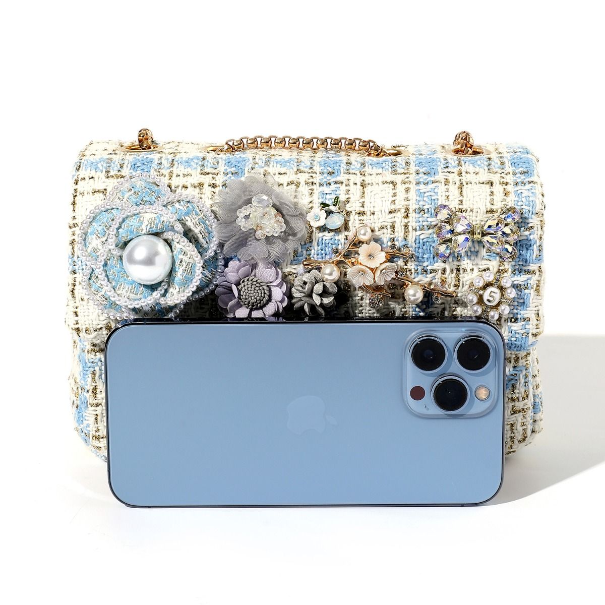 Designer Tweed Bag with Pearl and Flowers Accents in Blue & White 