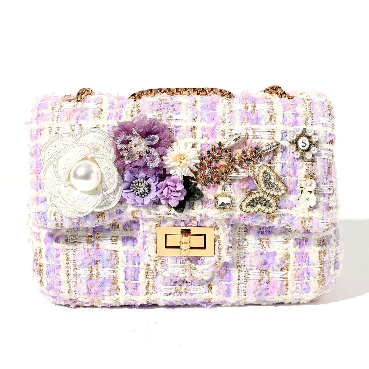 Designer Lavender Grace Jewelled Tweed Bag
