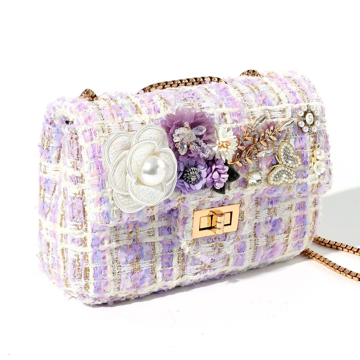 Designer Lavender Grace Jewelled Tweed Bag