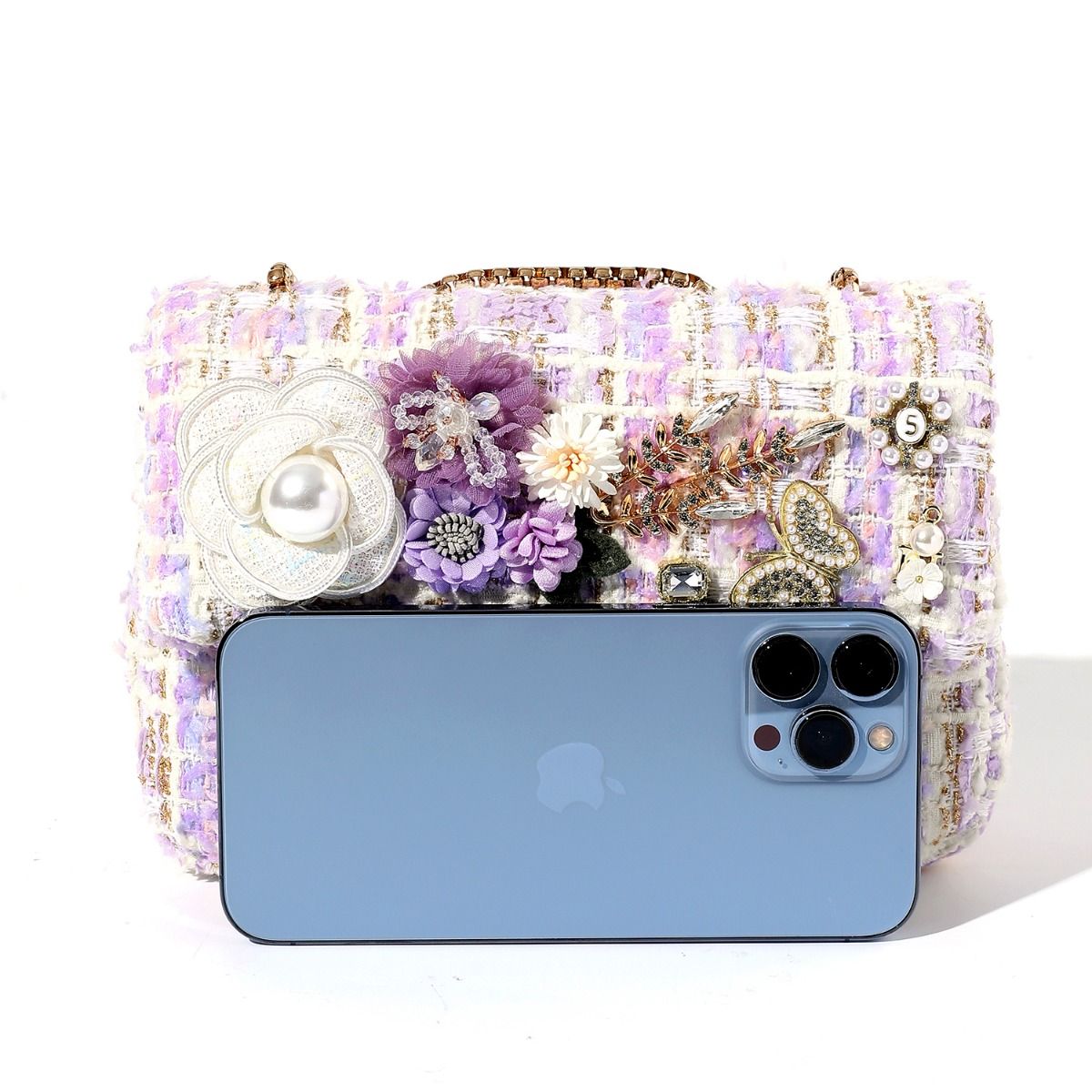 Designer Lavender Grace Jewelled Tweed Bag