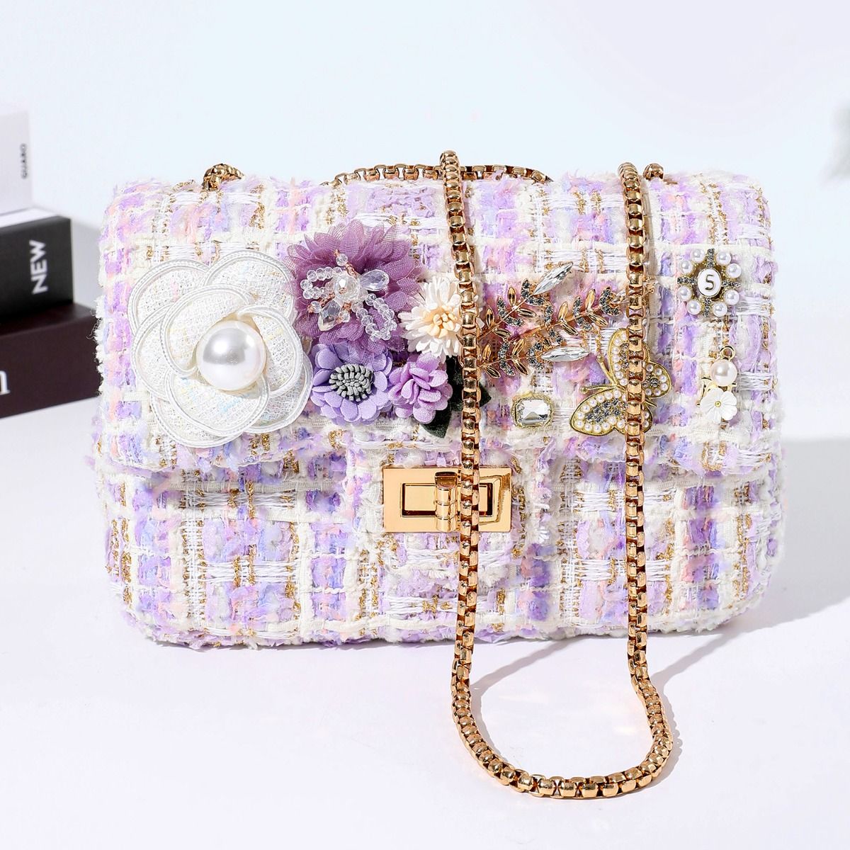 Designer Lavender Grace Jewelled Tweed Bag
