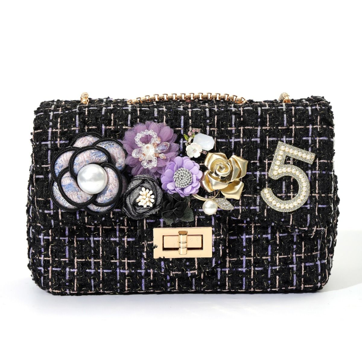 Designer Intricate Floral Appliques and No5 Tweed Bag in Black