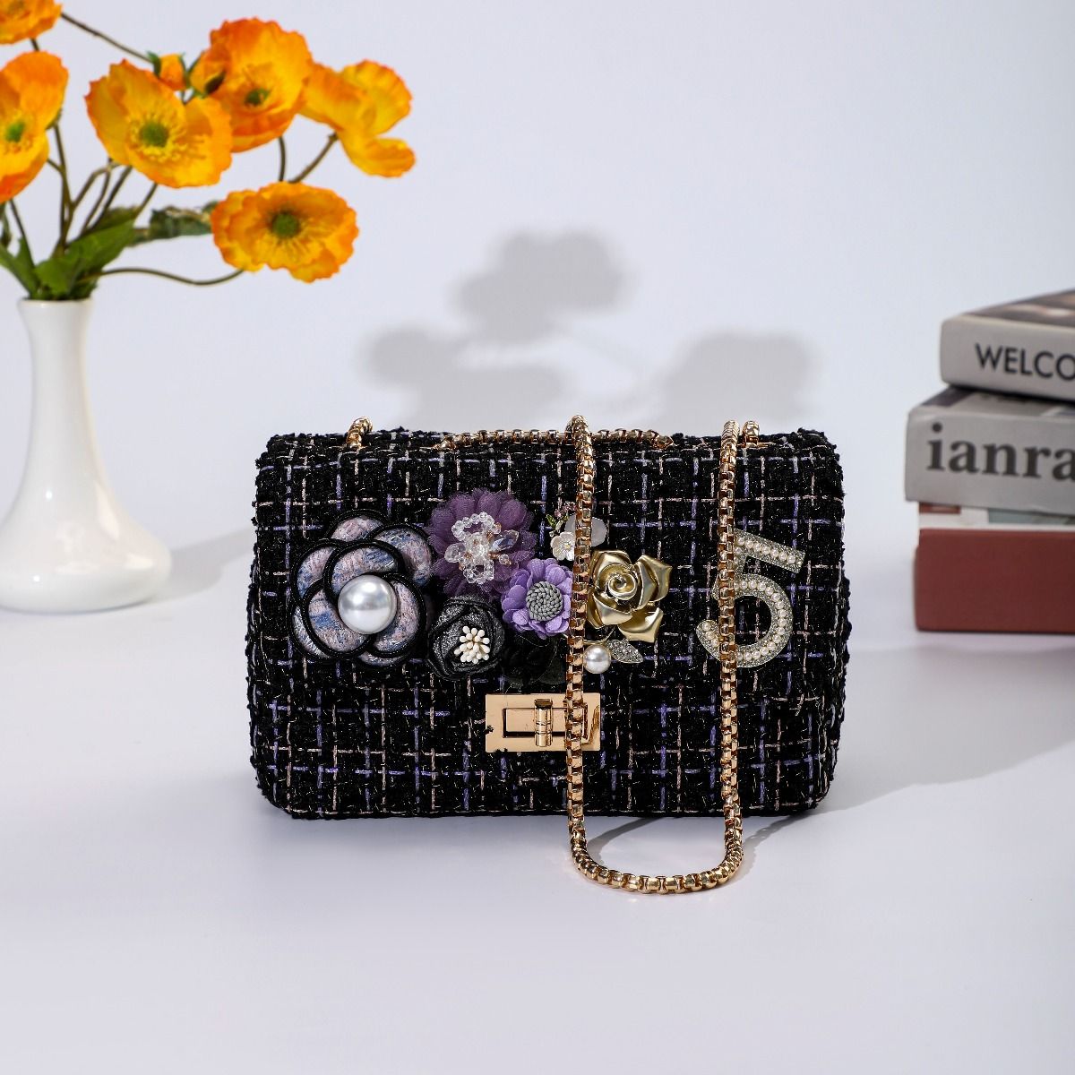 Designer Intricate Floral Appliques and No5 Tweed Bag in Black