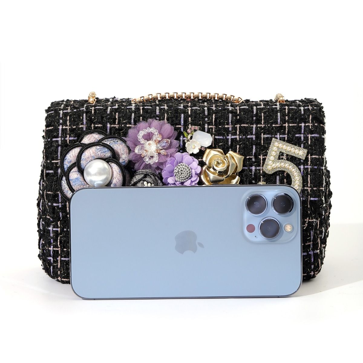 Designer Intricate Floral Appliques and No5 Tweed Bag in Black