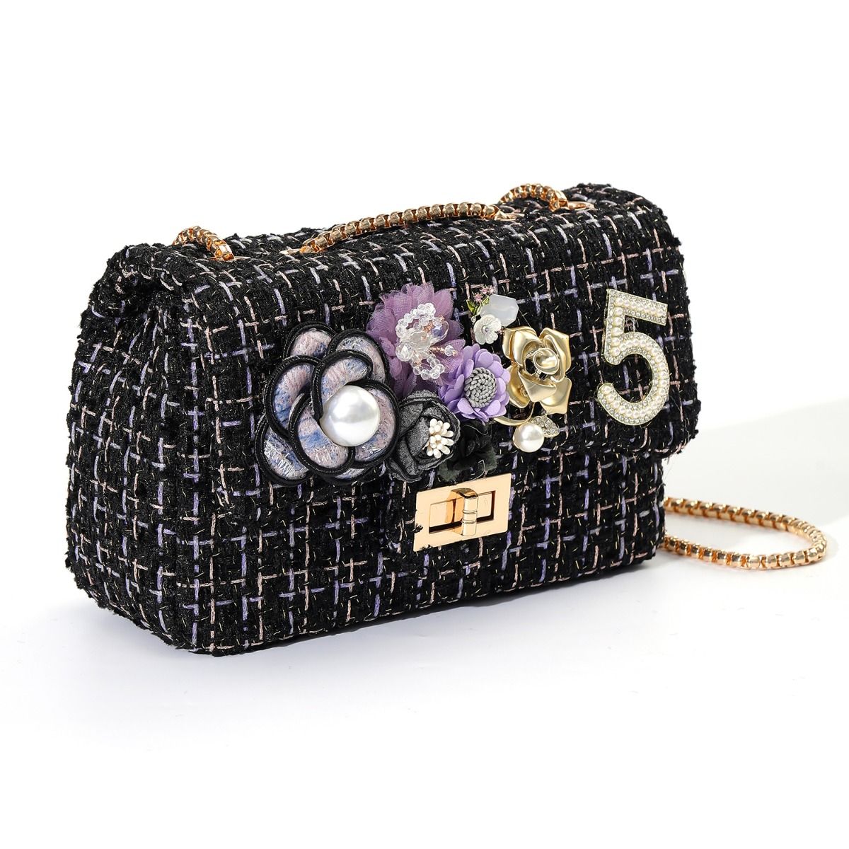 Designer Intricate Floral Appliques and No5 Tweed Bag in Black