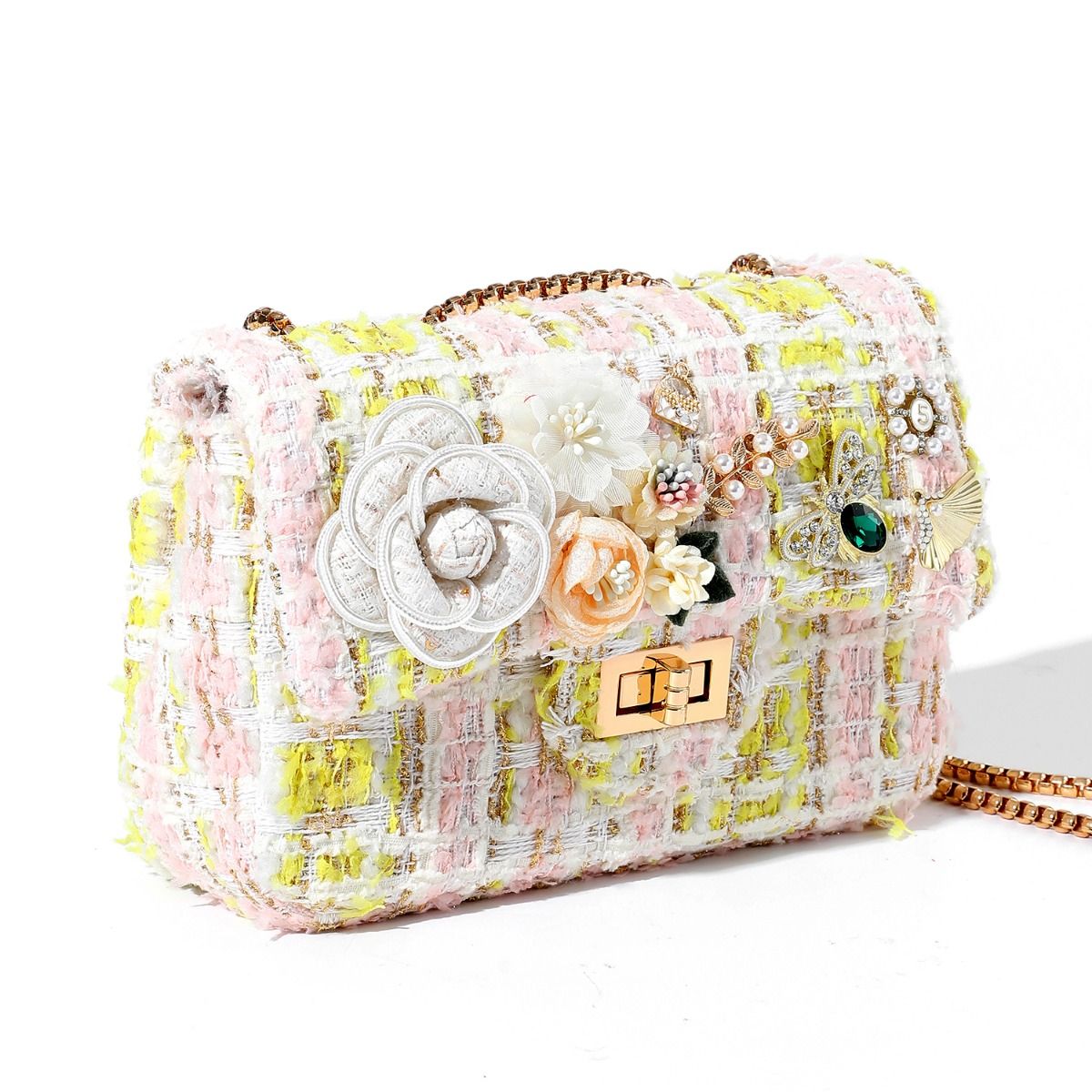 Designer Intricate Blossom Charm Tweed Bag in Lemon 