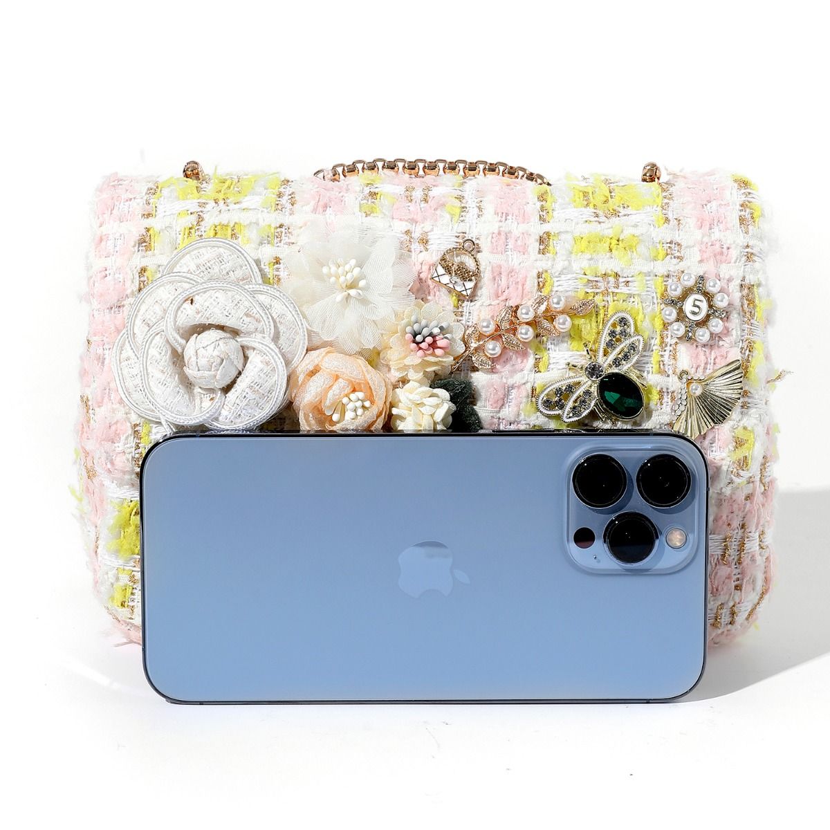 Designer Intricate Blossom Charm Tweed Bag in Lemon 