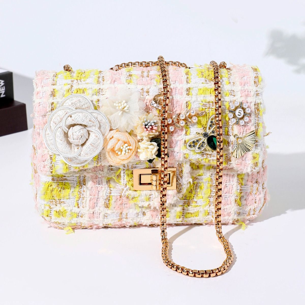 Designer Intricate Blossom Charm Tweed Bag in Lemon 