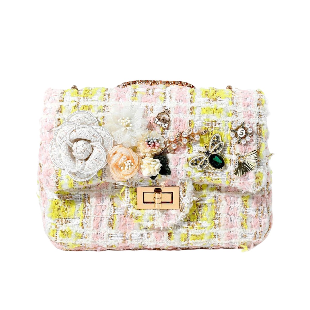 Designer Intricate Blossom Charm Tweed Bag in Lemon