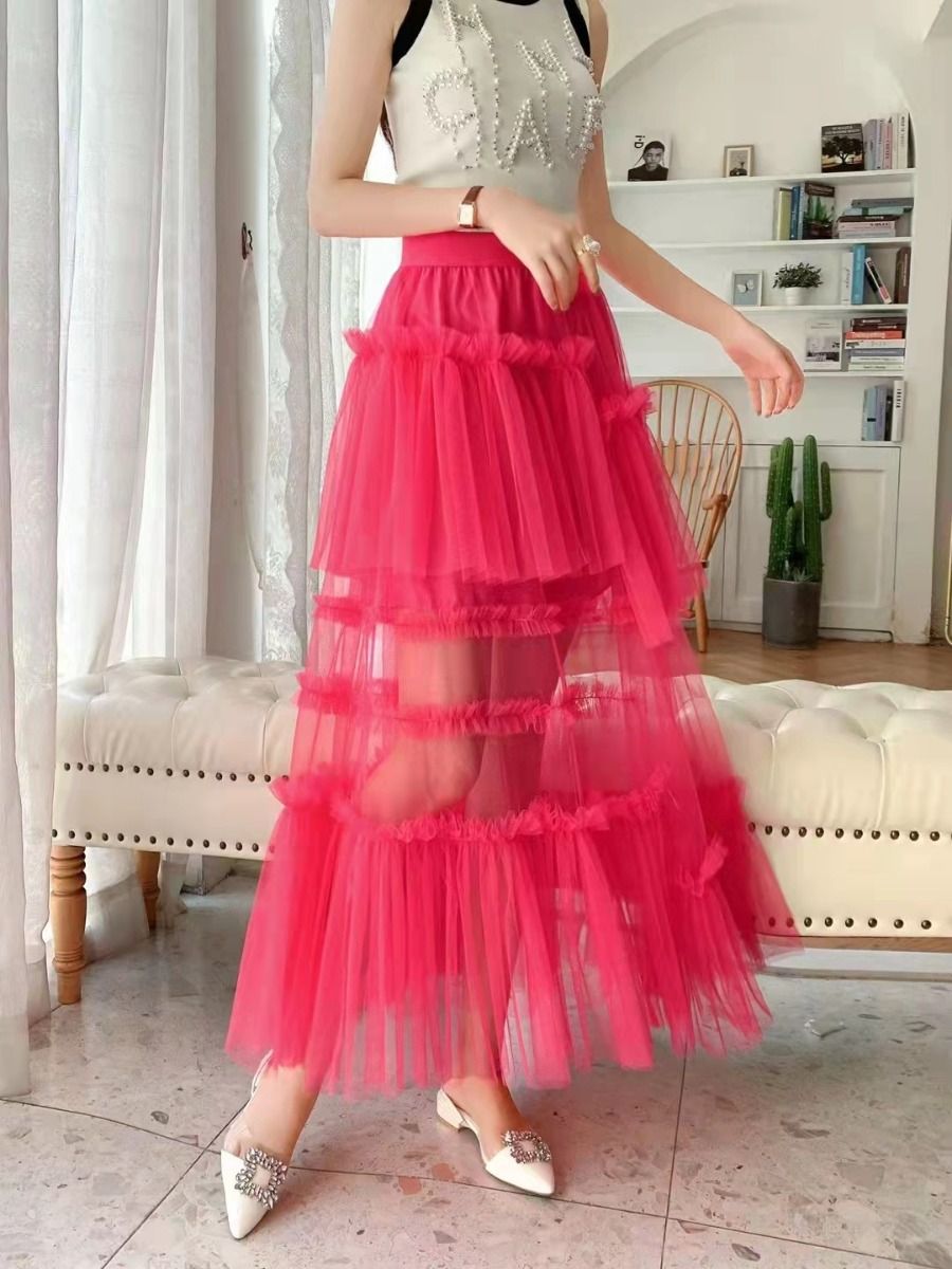 Elegant Layered Pink Tulle Maxi Skirt in Pink