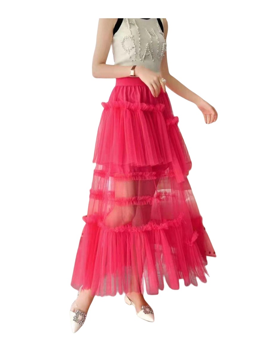 Elegant Layered Pink Tulle Maxi Skirt in Pink