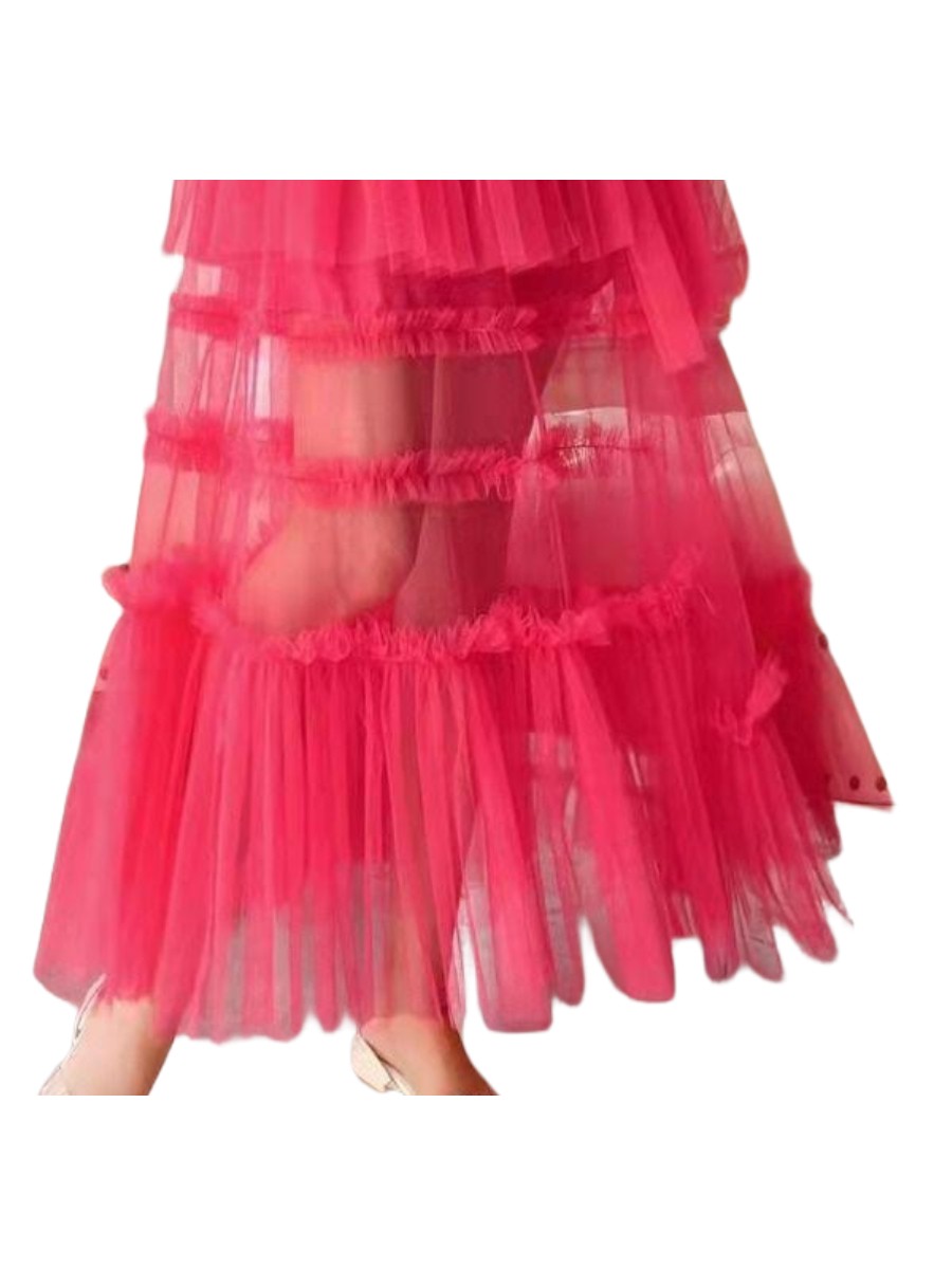 Elegant Layered Pink Tulle Maxi Skirt in Pink