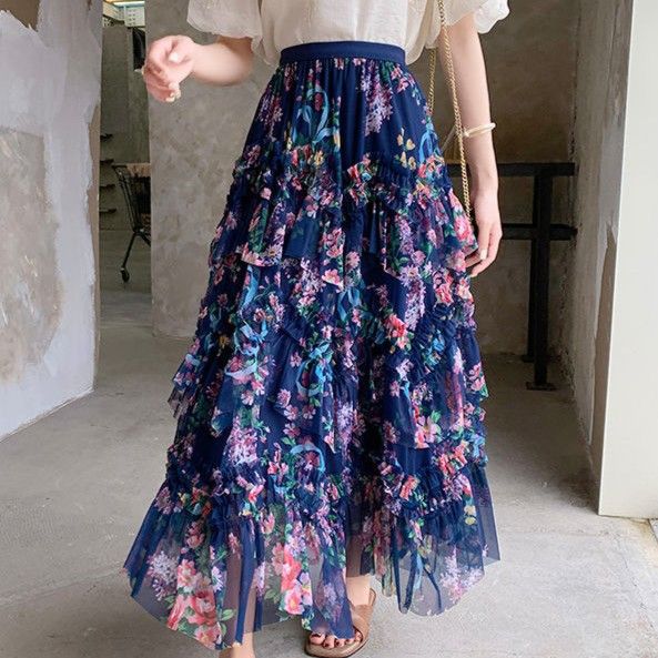 Elegant Layered Pink Tulle Maxi Skirt in Navy