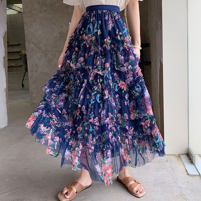 Elegant Layered Pink Tulle Maxi Skirt in Navy