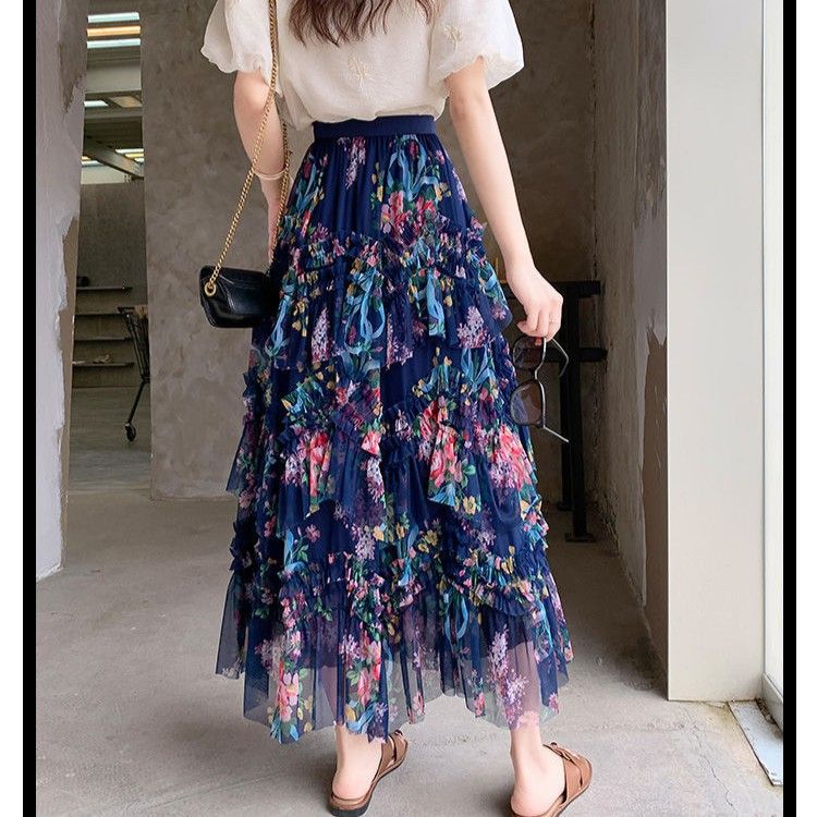 Elegant Layered Pink Tulle Maxi Skirt in Navy