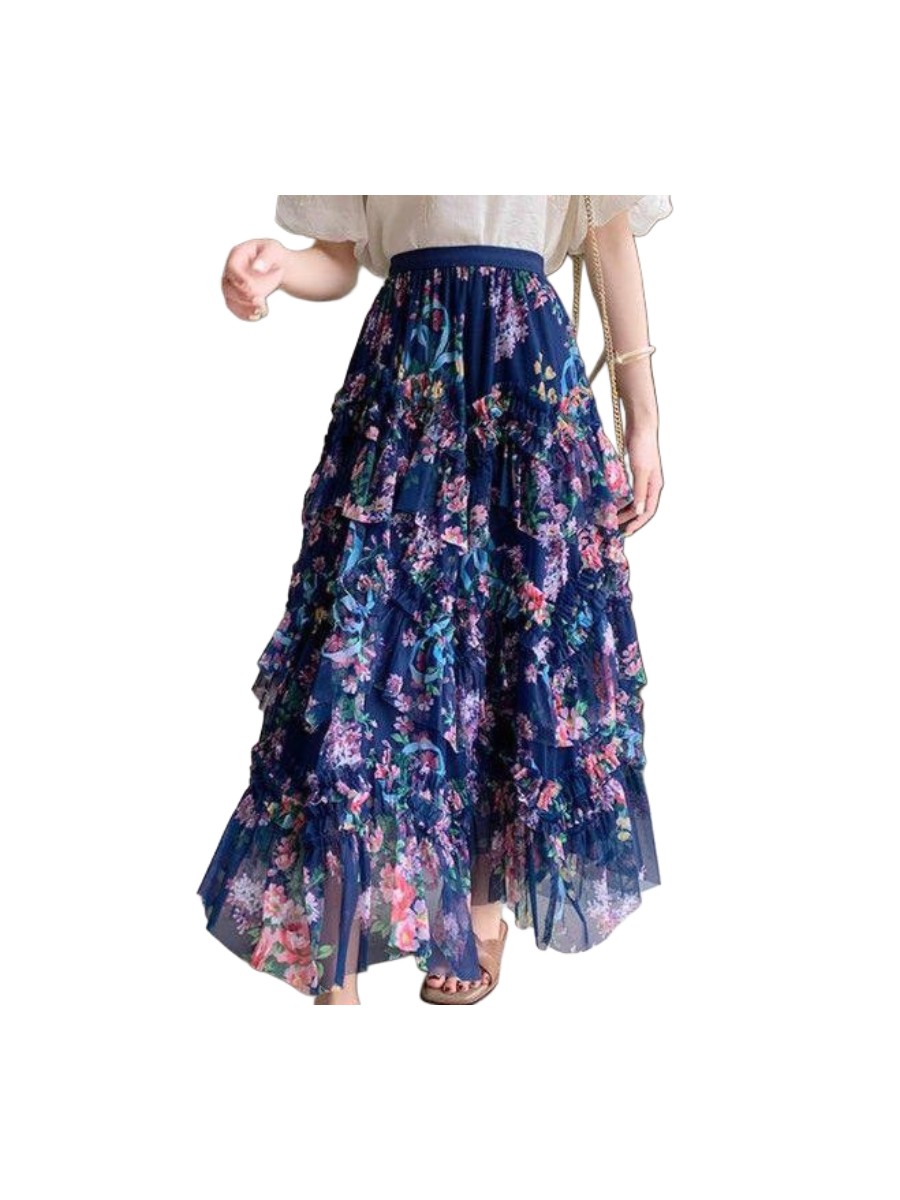 Elegant Layered Pink Tulle Maxi Skirt in Navy