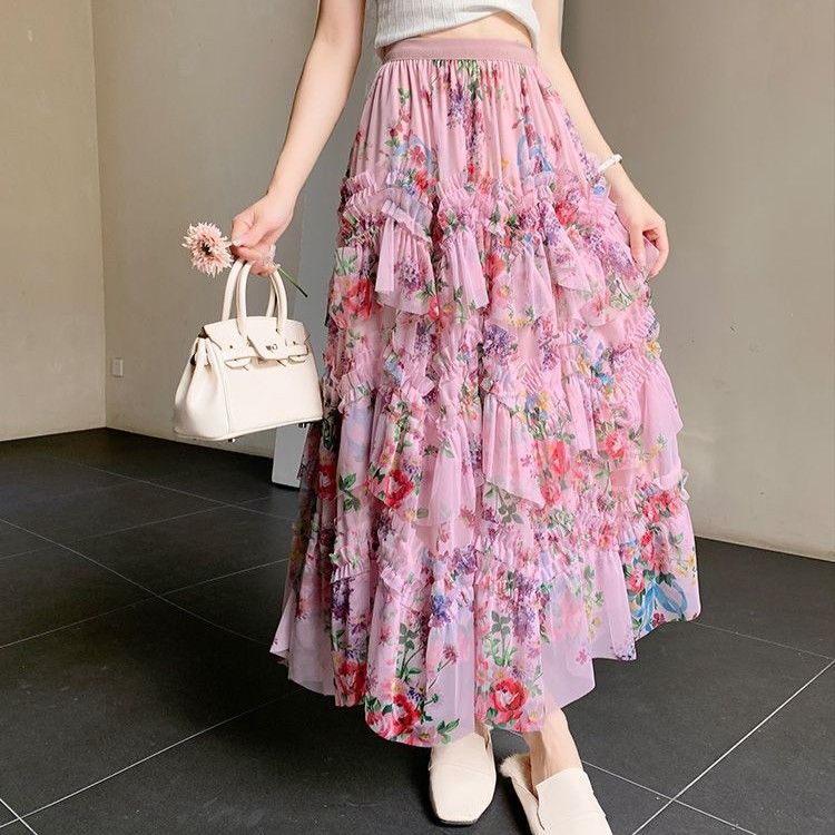Elegant Layered Pink Tulle Maxi Skirt in Pink