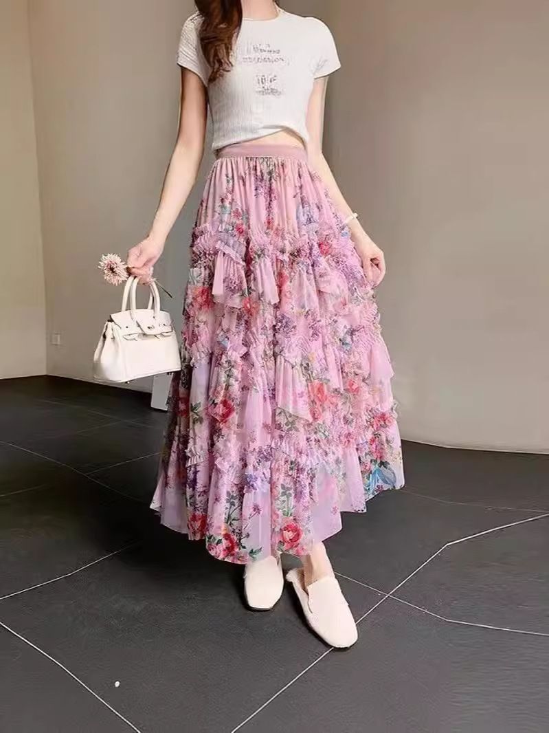 Elegant Layered Pink Tulle Maxi Skirt in Pink
