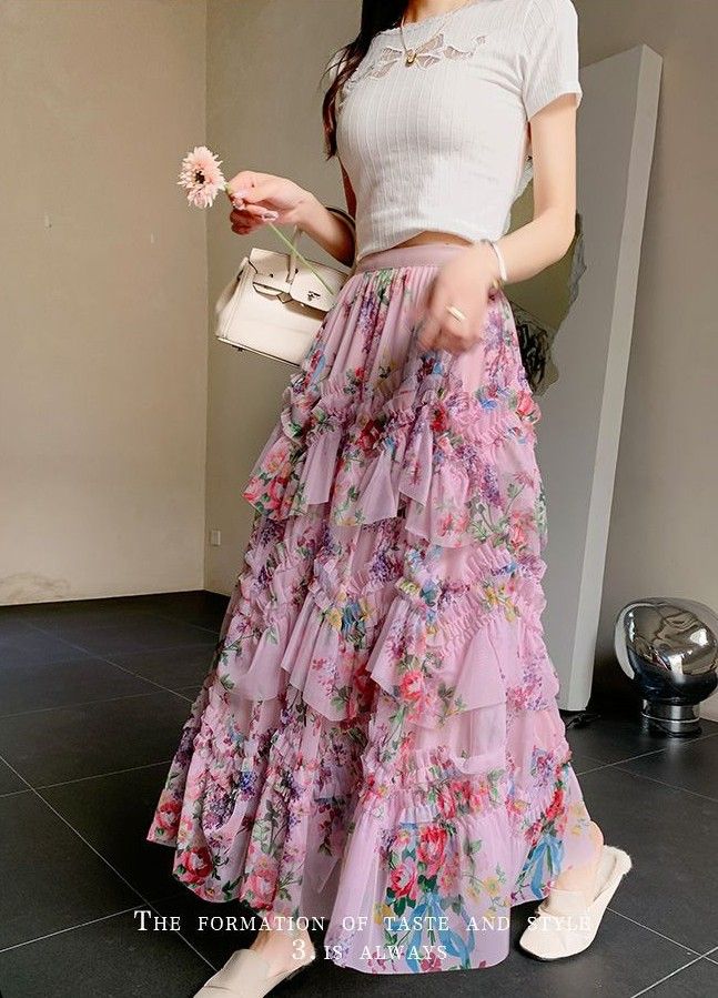Elegant Layered Pink Tulle Maxi Skirt in Pink