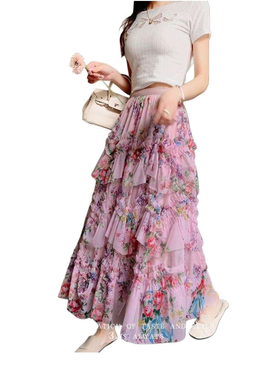 Elegant Layered Pink Tulle Maxi Skirt in Pink