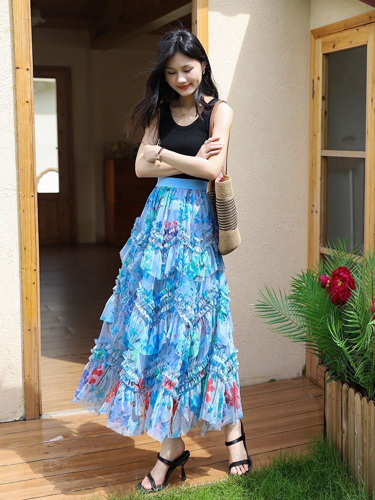 Elegant Layered Pink Tulle Maxi Skirt in Blue