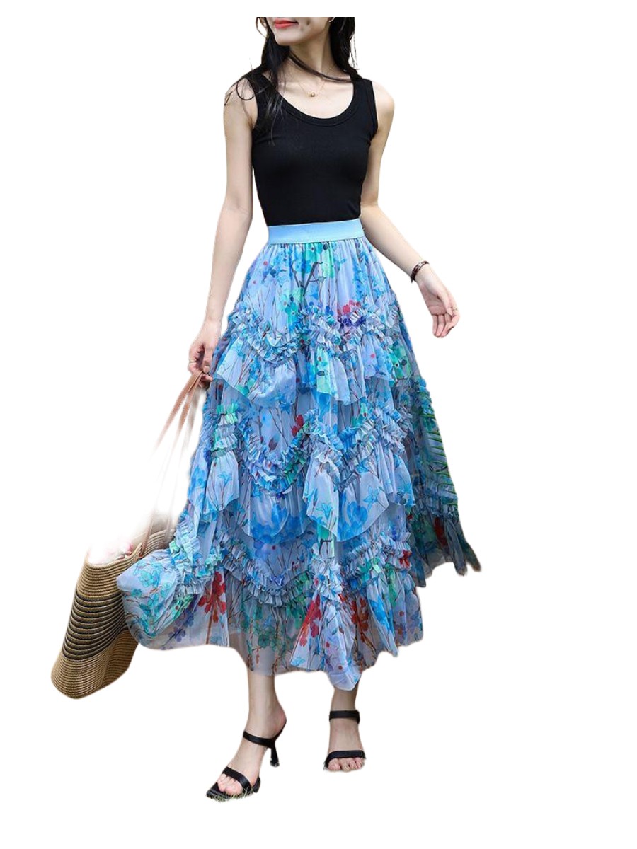 Elegant Layered Pink Tulle Maxi Skirt in Blue