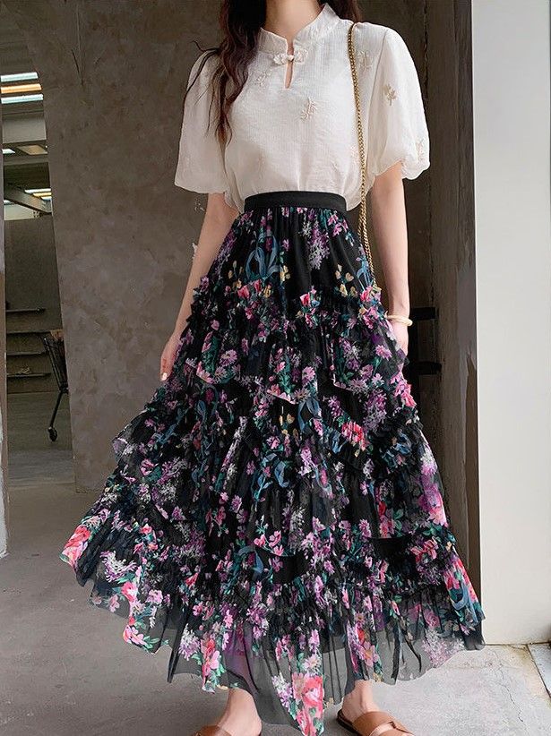 Elegant Layered Pink Tulle Maxi Skirt in Black
