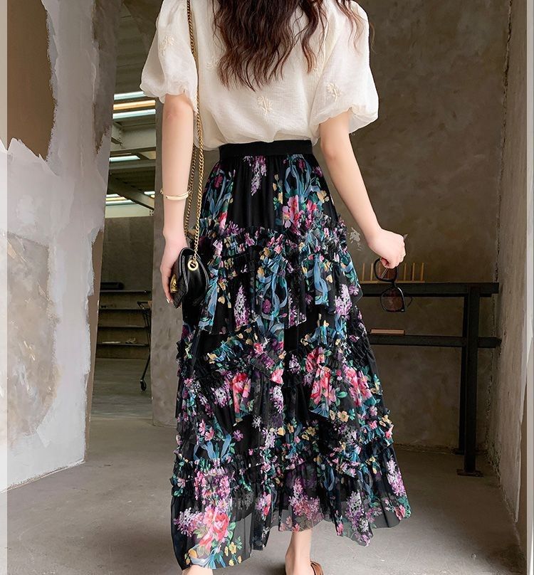Elegant Layered Pink Tulle Maxi Skirt in Black